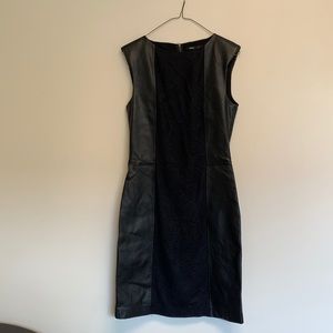 MNG black midi sleeveless faux leather and lace dress sz small